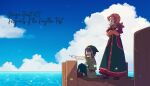  1boy 1girl black_hair blue_sky brown_eyes brown_shoes cloud commentary_request copyright_name crossed_arms cumulonimbus_cloud day dock dragon_quest dragon_quest_vii dress english_text green_tunic hatomori_satoko headscarf hero_(dq7) highres horizon layered_sleeves lens_flare long_sleeves maribel_(dq7) ocean orange_hair orange_headscarf outdoors pointing shoes short_over_long_sleeves short_sleeves sitting sky standing tunic water 