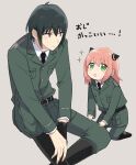  1boy 1girl :o ahoge anya_(spy_x_family) belt black_belt black_hair blush boots brown_eyes buttons child closed_mouth commentary_request gloves green_eyes green_jacket grey_background hairpods highres jacket knee_boots long_sleeves medium_hair mello79 military_uniform necktie pants pink_hair short_hair simple_background single_glove sitting sparkle spy_x_family sweatdrop translated uncle_and_niece yuri_briar 