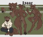 anthro barefoot bottomwear brown_body brown_fur butt clothing feet fur green_eyes hi_res looking_at_viewer looking_back looking_back_at_viewer male mawkvlt model_sheet nude pants pawpads paws smile smiling_at_viewer solo tail teeth teeth_showing text