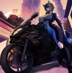 anthro big_breasts black_clothing black_motorcycle black_nipples blue_clothing blue_eyes blue_markings blue_nose bodysuit breasts canid canine canis city city_background clothed clothing exposed_breasts eyebrows faolche female fur grey_body grey_fur hi_res looking_at_viewer low-angle_view mammal markings motorcycle nipples null_(nullthewolf) on_motorcycle pose racing_suit serious skinsuit solo standing tail thick_thighs tight_clothing unzipped_bodysuit vehicle wolf