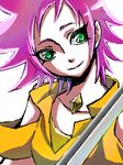  artist_request casshern_sins gem green_eyes head_tilt pink_hair smile solo sophita sword upper_body weapon 