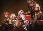  4girls animal_ears armlet asymmetrical_clothes bare_shoulders biker_clothes bikesuit black_bodysuit blonde_hair blue_eyes blush bodysuit breasts citlali_(genshin_impact) cleavage commentary_request couch criss-cross_halter crossed_bangs crossed_legs cutoffs dark-skinned_female dark_skin dehya_(genshin_impact) earrings facial_mark feathers floating_headgear genshin_impact genyaky green_eyes hair_ears halter_leotard halterneck hand_on_another's_head headgear high-waist_shorts highres hugging_another's_leg jaguar_ears jaguar_girl jaguar_tail jewelry knees_up large_breasts leaning_forward leotard long_hair mavuika_(genshin_impact) multicolored_hair multiple_girls multiple_thigh_straps on_couch orange_eyes orange_hair orange_pupils pink_hair pointy_hair purple_feathers purple_sarong sarong shorts sideboob single_pantsleg sitting streaked_hair sun_earrings tail tan thigh_strap triangle triangle_facial_mark xilonen_(genshin_impact) 