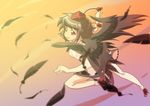  black_hair black_wings feathers flying geta hat looking_at_viewer red_eyes shameimaru_aya shokkin short_hair skirt solo tengu-geta touhou wings 