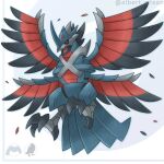  albrt-wlson black_sclera colored_sclera commentary commission corviknight english_commentary full_body fusion highres instagram_username metagross multiple_wings no_humans official_style open_mouth pokemon pokemon_(creature) pokemon_focus red_eyes solo wings 