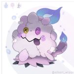  albrt-wlson blue_fire commentary commission english_commentary fire full_body fusion highres instagram_username litwick mimikyu no_humans official_style pokemon pokemon_(creature) pokemon_focus solo stitches stuffing swirlix 