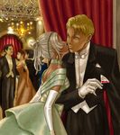  5boys alcohol artist_request ballroom blonde_hair couple crossdressing dark_skin dark_skinned_male dress elbow_gloves formal gloves guin_sard_lineford gundam hair_up indoors kiss laura_rolla loran_cehack multiple_boys otoko_no_ko realistic silver_hair source_request turn_a_gundam wine yaoi 