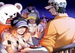  1girl 6+boys arm_support arm_tattoo arm_up bear_boy bepo_(one_piece) black_hair brown_hair commentary_request facial_hair food furry furry_male goatee grid_teeth hat hat_over_eyes ikkaku_(one_piece) jacket jean_bart_(one_piece) long_sideburns menue_mn multiple_boys night one_piece onigiri orange_shirt outdoors penguin_(one_piece) shachi_(one_piece) shirt sideburns tattoo trafalgar_law white_jacket 