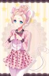  1girl :o animal_ears art_trade artist_name blonde_hair border bow breasts brown_tail buttons collared_shirt commentary contrast_collar cowboy_shot english_commentary floral_print_shirt forehead hair_bow hair_bun hands_up highres index_fingers_together lace lace_border letterboxed light_blush long_sleeves looking_at_viewer miniskirt mouse_ears mouse_girl mouse_tail open_mouth original ornate_border outline outside_border pantyhose patterned_clothing pink_bow pink_shirt pink_skirt pleated_skirt sasucchi95 shirt short_hair simple_background single_hair_bun skirt skirt_bow sleeve_cuffs small_breasts solo standing star_(symbol) star_symbol_background striped_bow striped_clothes striped_shirt tail tareme two-tone_shirt vertical-striped_background vertical-striped_bow vertical-striped_clothes vertical-striped_shirt very_short_hair white_outline white_pantyhose white_shirt yellow_background 