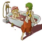  ascot bad_id bad_pixiv_id barefoot bathing bathtub blonde_hair breasts charin claw_foot_bathtub green_hair hat kazami_yuuka medium_breasts multiple_girls open_clothes open_shirt petals plaid plaid_skirt red_eyes ribbon shirt short_hair skirt touhou untied yakumo_yukari 