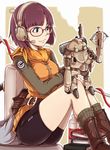  antennae backpack bag bike_shorts blue_eyes book boots bow_(weapon) cable chrono_trigger crossbow fanny_pack fingerless_gloves glasses gloves headphones headset ina_(gokihoihoi) lucca_ashtear minimized patch purple_hair robo robot scarf short_hair sitting smile socks spandex steam weapon 