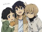  3boys black_hair blue_eyes boku_dake_ga_inai_machi brown_eyes brown_hair brown_jacket brown_mittens coat commentary_request fujinuma_satoru green_coat grey_jacket jacket kobayashi_kenya long_sleeves male_focus mittens multiple_boys open_mouth pizarrokun simple_background smile sugita_hiromi twitter_username white_background 