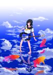  barefoot bass_guitar black_hair closed_eyes cloud feet fish hamada_youho instrument koi original panties pantyshot pigeon-toed reflection rickenbacker ripples school_uniform serafuku short_hair solo underwear upskirt walking walking_on_liquid water 