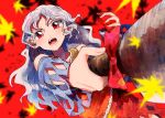  1girl bare_shoulders cleaver commentary_request detached_sleeves dress fangs grey_hair holding itomugi-kun long_hair looking_at_viewer multicolored_dress open_mouth red_eyes sakata_nemuno single_strap solo touhou 