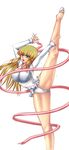  bad_id bad_pixiv_id blonde_hair blue_eyes breasts cameltoe copyright_request gymnast_leotard gymnastics highres impossible_clothes large_breasts leg_lift leotard loki080619 long_hair rhythmic_gymnastics ribbon ribbon_baton solo split standing standing_on_one_leg standing_split 