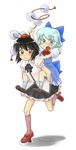  black_hair blue_eyes blue_hair carrying cirno geta hat multiple_girls piggyback running shameimaru_aya snot takahashi_note tengu-geta tokin_hat touhou wings 