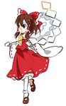  bad_id bad_pixiv_id bow brown_eyes brown_hair gohei hair_bow hakurei_reimu kazune_(baumkuchen) mary_janes shoes skirt solo touhou 