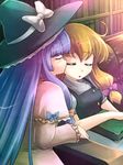  blonde_hair book bookshelf borrowed_garments couch hat headwear_switch kirisame_marisa kiss long_hair multiple_girls patchouli_knowledge purple_hair sleeping tdk touhou witch_hat yuri 