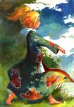  akatsuki_(naruto) akatsuki_uniform barefoot blonde_hair blush cloak deidara field forest from_side full_body grass long_sleeves male_focus naruto_(series) naruto_shippuuden nature otoko_no_ko plant ponytail pose profile rock short_hair shouyu_senbei solo standing tree 