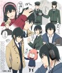  2girls 3boys :d ^_^ ahoge anya_(spy_x_family) arm_at_side bandana belt black_belt black_gloves black_hair black_necktie black_pants black_sweater black_vest blush bow bowtie brother_and_sister brown_coat child clenched_hand closed_eyes closed_mouth coat collared_shirt commentary_request constricted_pupils curtained_hair expressionless glasses gloves green_hat green_jacket grey-framed_eyewear hair_between_eyes hairpods hand_on_headphones happy_aura hat headpat headphones holding holding_unworn_clothes holding_unworn_hat jacket long_hair long_sleeves mello79 military_uniform multiple_boys multiple_girls necktie open_clothes open_coat open_mouth pants peaked_cap pink_hair pleated_skirt puff_of_air purple_bandana red_bow red_bowtie red_sweater shirt short_hair siblings skirt smile speech_bubble spy_x_family sweatdrop sweater translation_request twilight_(spy_x_family) typing uncle_and_niece unworn_hat unworn_headwear vest waistcoat white_shirt white_skirt yor_briar yuri_briar 