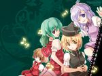  blonde_hair brown_eyes brown_hair green_hair hair_over_one_eye hands_clasped hat highres inuinui kazami_yuuka lavender_hair looking_back lunasa_prismriver lyrica_prismriver merlin_prismriver multiple_girls musical_note one_eye_closed open_mouth own_hands_together parted_lips plaid plaid_skirt plaid_vest purple_eyes red_eyes salute short_hair skirt skirt_set smile touhou umbrella vest wallpaper yellow_eyes 