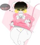 absurd_res annoyed anthro asking_self bent_legs blonde_hair blonde_pubes blush blush_lines bottomless bow_ribbon breast_squish breasts cheek_spots clothed clothing clothing_pull cross-popping_vein curvy_figure digital_media_(artwork) exclamation_point eye_through_hair featureless_crotch female front_view fur fur_tuft hair hair_over_eye heart_nose heart_pupils heart_symbol hi_res hourglass_figure ibispaint_(artwork) looking_at_viewer looking_back lorna_(terrible_mouse) mammal motion_lines mouse murid murine obsessed pain_stars pain_symbols pink_clothing pink_shirt pink_topwear pressing_breasts pubes pulling_own_clothes pulling_own_shirt pupils pyrangletriamid question question_mark rodent shadowed_face shirt simple_background solo squish tail terrible_mouse thick_thighs thinking thought_bubble topwear translucent translucent_hair tuft tugging_clothing walking walking_towards_viewer watermark white_body white_fur yellow_eyes