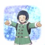  1boy backpack bag black_bag black_hair blush boku_dake_ga_inai_machi brown_mittens closed_eyes coat commentary_request fur-trimmed_coat fur_trim green_coat happy kkaokappa male_focus mittens open_mouth outstretched_arms short_hair solo spread_arms sugita_hiromi upper_body 