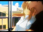  1girl animated animated_gif blinking blush brown_eyes brown_hair building couple ebina_souichi faceless faceless_male hetero hug letterboxed lowres nanami_(tokyo_lover) sitting sitting_on_lap sitting_on_person sunlight tokyo_lover window 