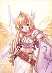  alteil angel armor belt blonde_hair cape green_eyes head_wings kiran loose_belt midriff navel shield skirt solo sword weapon wings 