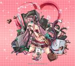  1girl animal_ears apron aqua_eyes biting blush boots breasts broken_computer broken_monitor brown_boots cable candy cat_tail chocolate commentary_request company_name computer_keyboard copyright_logo copyright_name copyright_notice curled_horns food fork frilled_skirt frills full_body hair_between_eyes hairband happy_valentine heart heart-shaped_chocolate heart-shaped_food highres himegami_kagura holding horns kneeing logo long_hair long_hair_between_eyes long_sidelocks looking_at_viewer ms06s navel off-shoulder_shirt off_shoulder official_art pink_background pink_hair plaid_background red_skirt sheep_ears sheep_girl sheep_horns shirt sidelocks skirt solo tablet_pc tail toutetsu_(himegami_kagura) valentine very_long_hair white_apron 