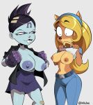 activision alternate_costume alternate_hairstyle anthro areola band-aid band-aid_on_knee band-aid_on_leg bandage bandicoot belt big_breasts black_clothing black_eyes black_hair black_lipstick black_nose black_topwear blonde_hair blue_body blue_bottomwear blue_clothing blue_eyes blue_jeans blue_pants blue_skin bottomwear breast_awe breast_envy breast_size_difference breasts brown_areola brown_body brown_fur brown_nipples buckteeth clothed clothing coco_bandicoot comparing comparing_breasts crash_bandicoot_(series) crash_of_the_titans denim denim_bottomwear denim_clothing duo eyebrows eyelashes facial_markings female flashing flashing_breasts forehead_markings front_view fur gloves grey_background hair handwear head_markings hi_res huge_breasts human jeans lipstick long_hair looking_away makeup mammal markings marsupial monke_brush navel nina_cortex nipples open_clothing open_topwear pants purple_areola purple_bottomwear purple_clothing purple_gloves purple_handwear purple_nipples purple_skirt raised_clothing raised_eyebrows raised_topwear short_hair simple_background skirt tan_body tan_fur teeth thick_thighs topwear white_clothing white_topwear wide_eyed wide_hips