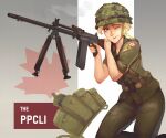  1girl 2ltpaula aiming ammunition_pouch battle_rifle bipod blonde_hair blue_eyes canada canadian_armed_forces canadian_flag combat_helmet english_commentary feet_out_of_frame finger_on_trigger fn_fal freckles green_jacket green_pants gun helmet highres jacket machine_gun magazine_(weapon) military military_combat_uniform military_rank_insignia military_uniform one_eye_closed original pants patch pouch rifle shoulder_patch sleeves_rolled_up weapon 