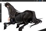  1boy animal_ears art_program_in_frame black_hair centaur closed_eyes commentary_request full_body gold_trim head_down heishou_pack-wu_branch_(identity)_(project_moon) highres horse_ears icco_ho limbus_company long_hair long_sleeves male_focus official_alternate_costume on_ground project_moon screenshot sitting solo taur yi_sang_(project_moon) 