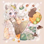  1girl :3 :d animal_ears blue_eyes blush braid brown_shoes brown_skirt checkerboard_cookie commentary_request commission cookie cup dated dot_nose food full_body grey_hair hand_up indie_virtual_youtuber jacket kamihara_soume long_hair long_sleeves looking_at_viewer mochimura_sorata open_clothes open_jacket open_mouth orange_jacket shirt shoes signature skeb_commission skirt smile socks solo suspender_skirt suspenders thank_you twin_braids virtual_youtuber wafer_stick watermark white_shirt white_socks 
