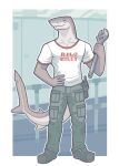 2025 5_fingers anthro black_boots black_clothing black_footwear boots bottomwear carcharhinus cargo_pants clothed clothed_anthro clothed_male clothing electronics fin fingers fish footwear gills green_bottomwear green_clothing green_pants grey_body grey_tail hand_on_hip hand_on_own_hip head_turned hi_res holding_object holding_tool holding_wrench inside male male_anthro marine mechanic multicolored_body multicolored_clothing multicolored_shirt multicolored_topwear neck_gills night_shark notched_tail outline pants railing red_clothing red_shirt red_text red_topwear requiem_shark rilo_kiley shark shirt shoes snarkysardine solo standing tail tail_fin text text_on_clothing text_on_shirt text_on_topwear tools topwear two_tone_body two_tone_clothing two_tone_shirt two_tone_tail two_tone_topwear walkie-talkie white_body white_clothing white_eyes white_outline white_shirt white_tail white_topwear wrench