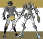  2boys abs armor black_hair body_markings boots chain_belt circlet closed_mouth colored_skin commentary_request cyborg fingerless_gloves frown gauntlets gloves greaves grey_skin helmet holding holding_polearm holding_weapon jojo_no_kimyou_na_bouken knee_armor knight lance letterboxed looking_at_viewer looking_to_the_side mahito_(tranjistor) medium_hair multiple_boys muscular muscular_male no_humans no_pupils partial_commentary pelvic_curtain polearm redesign shoulder_armor silver_chariot stand_(jojo) star_platinum stardust_crusaders veins waist_bag weapon white_background yellow_eyes 