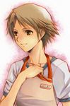  apron blush brown_eyes brown_hair closed_mouth employee_uniform hanamura_yousuke hijiri_ruka looking_afar lowres persona persona_4 smile solo uniform upper_body 