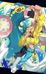  1girl aqua_hair arm_up bandeau black_mask blonde_hair blue_eyes blue_skin blush breasts canari_(pokemon) colored_sclera colored_skin commentary_request criss-cross_straps dark-skinned_female dark_skin eel eelektross fangs fish highres jacket lamprey long_sleeves looking_at_viewer mask mask_pull medium_breasts mega_eelektross mega_pokemon mega_stone mouth_mask multicolored_hair multicolored_skin open_mouth pants pokemon pokemon_(creature) pokemon_legends:_z-a red_sclera short_twintails smile split-color_clothes split-color_hair sports_bra teeth twintails two-tone_hair two-tone_mask two-tone_pants two-tone_skin umiru upper_teeth_only white_skin yellow_bandeau yellow_jacket yellow_mask yellow_sports_bra 