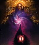  1boy alien ankh_of_the_triarch architecture armor artificial_eye attack_moon_(wh40k) black_hair building castle city cityscape commentary emperor_of_mankind english_commentary fangs fire floating_castle floating_city floating_island fortress gem glowing glowing_eye glowing_halo glowing_windows gold_armor gold_halo gothic_architecture green_eyes halo highres imperial_fists imperium_of_man laurel_crown laurels leagues_of_votann long_hair mechanical_eye megastructure military_vehicle moon navis_imperialis nebula necron one-eyed orc ork_(warhammer) ornate ornate_armor phalanx_(warhammer_40k) planet planet_eater_(wh40k) power_armor red_gem scenery science_fiction shoulder_armor sitting sitting_on_throne skull sky solo space space_station spacecraft spire star_(sky) starry_sky the_eye_of_terror thefearmaster throne tower tusks warhammer_40k warp_storm world_engine_(wh40k) 