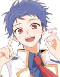  1boy :d anniversary blue_hair blue_shirt collared_shirt commentary_request dated finger_counting hands_up highres ichijou_shin king_of_prism looking_at_viewer mainichi_ga_tanoshii male_focus necktie open_mouth pretty_rhythm pretty_series red_eyes red_necktie shirt short_hair simple_background smile solo upper_body white_background 