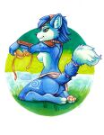 anthro bottomwear breasts butt clothing female hair hi_res krystal_(star_fox) lisica_c loincloth nintendo nude_anthro outdoor_background outdoor_nudity solo star_fox traditional_media_(artwork)