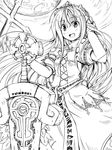  :d arm_up armor armored_dress bangs blush braid clothes_writing cowboy_shot cross dress eyebrows_visible_through_hair greyscale hand_in_hair holding holding_sword holding_weapon lineart long_hair looking_at_viewer monochrome moon nekonote_(nekono_paraiso) open_mouth puffy_short_sleeves puffy_sleeves sheath sheathed short_sleeves side_braid smile standing straight_hair sword tiara very_long_hair weapon yggdra_union yggdra_yuril_artwaltz 