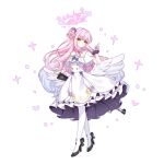  1girl absurdres angel_wings arm_behind_back blue_archive blue_bow bow breasts buttons capelet closed_mouth commentary_request crescent double-breasted dress fandao_renren feathered_wings flower full_body gold_trim gradient_hair gun hair_bun hair_flower hair_ornament halo high_heels highres holding holding_gun holding_weapon lanchester_smg long_hair looking_at_viewer low_wings medium_breasts mika_(blue_archive) multicolored_hair pantyhose pink_hair pink_halo pumps scrunchie simple_background single_hair_bun single_side_bun smile solo submachine_gun very_long_hair weapon white_background white_capelet white_dress white_hair white_overskirt white_pantyhose white_wings wing_ornament wings wrist_scrunchie yellow_eyes 