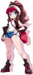  1girl antenna_hair bag baseball_cap black_jacket black_shoes black_socks blue_eyes blue_shorts breasts brown_hair closed_mouth commentary_request covered_navel crop_top cutoffs full_body hat highres hilda_(pokemon) holding holding_poke_ball jacket karukan_(monjya) long_hair micro_shorts midriff_peek open_clothes open_jacket poke_ball poke_ball_(basic) pokemon pokemon_bw ponytail red_bag shirt shoes shorts shoulder_bag sideboob sidelocks sleeveless sleeveless_jacket small_breasts smile socks solo standing watch white_hat white_shirt wristwatch 