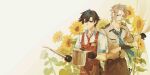  2boys absurdres ahoge apron black_gloves blue_necktie bob_cut closed_mouth crow_armbrust double-parted_bangs eiyuu_densetsu floating_neckwear flower gloves hair_between_eyes headband highres holding holding_watering_can looking_at_viewer male_focus multiple_boys necktie one_eye_closed open_mouth parted_bangs purple_eyes rean_schwarzer red_apron red_eyes sen_no_kiseki_(series) sen_no_kiseki_i short_sleeves smile sunflower twitter_username upper_body watering_can white_headband yusaazusa 