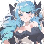  1girl bare_shoulders black_bow black_gloves blue_eyes blue_hair bow breasts cleavage collarbone detached_sleeves dress drill_hair gloves gwen_(league_of_legends) gyechan_(3bib1m) hair_bow highres league_of_legends long_hair looking_at_viewer medium_breasts mismatched_pupils neck_tattoo portrait simple_background smile solo star-shaped_pupils star_(symbol) swept_bangs symbol-shaped_pupils tattoo twin_drills white_background 