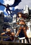  1girl armor belt bikini boots bracer breasts brown_hair cloud day denchi dragon earrings gauntlets jewelry knife long_hair medium_breasts midriff mountain navel original red_eyes ruins swimsuit thigh_strap underboob weapon wyvern 