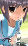  bangs brown_eyes drinking drinking_fountain fountain kita_high_school_uniform mocha_(snowflake) nagato_yuki purple_hair reflection school_uniform serafuku short_hair solo suzumiya_haruhi_no_yuuutsu water 