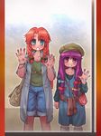  alternate_costume bag blue_eyes braid casual coat contemporary handbag hat hong_meiling long_hair multiple_girls patchouli_knowledge purple_eyes purple_hair red_hair sankuma shorts touhou twin_braids 