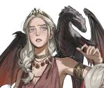  1girl a_song_of_ice_and_fire armlet blonde_hair creature creature_on_shoulder daenerys_targaryen dragon etceteraart game_of_thrones gem gold_armlet jewelry long_hair necklace on_shoulder purple_eyes red_gem tiara 