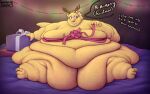 alphys anthro bed belly belly_rolls big_belly big_breasts blush box breasts buckteeth christmas_decorations christmas_lights chubby_cheeks claws container deep_navel dialogue double_chin english_text eyewear fake_antlers fake_ears fake_horns fat_arms fat_rolls female flabby_arms front_view furniture gift_bow gift_box glasses green_eyes hi_res huge_belly huge_breasts huge_thighs immobile lizard looking_away morbidly_obese morbidly_obese_anthro morbidly_obese_female navel nervous obese obese_anthro obese_female on_bed open_mouth open_smile overweight overweight_anthro overweight_female reptile scales scalie sitting sitting_on_bed smile solo stretch_marks tail teeth text thick_tail thick_thighs undertale_(series) wenisberry yellow_body yellow_scales